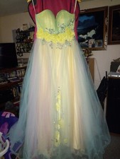 Dress is yellow and has blue and pink accents. Flowers and gems around waist