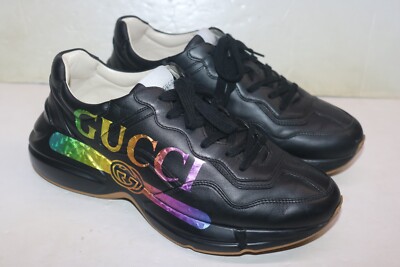 Gucci 552851 Rhyton Iridescent Logo Black Sneaker Shoes Size 9.5