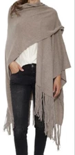 360 Cashmere Shawl Taupe Fringe Trim Open Sides And Front