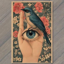 Art Print Bizarre Eye Held Hand with Blue Bird Surreal Odd Weird Macabre Unique