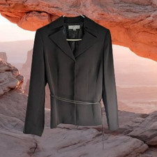 Tahari 12 Lined 3 Snap Closure Front Long Sleeve Brown W/leather Belt Jacket.