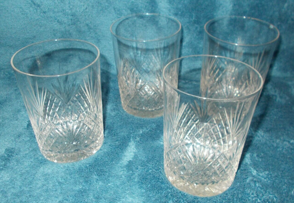 Set of 4 Vintage Crystal Etched Hi Ball Tumbler Glasses Starburst Lines