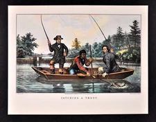 Currier & Ives Print Trout Fly Fishing Lake Boat Catch Fishermen Fish Vintage