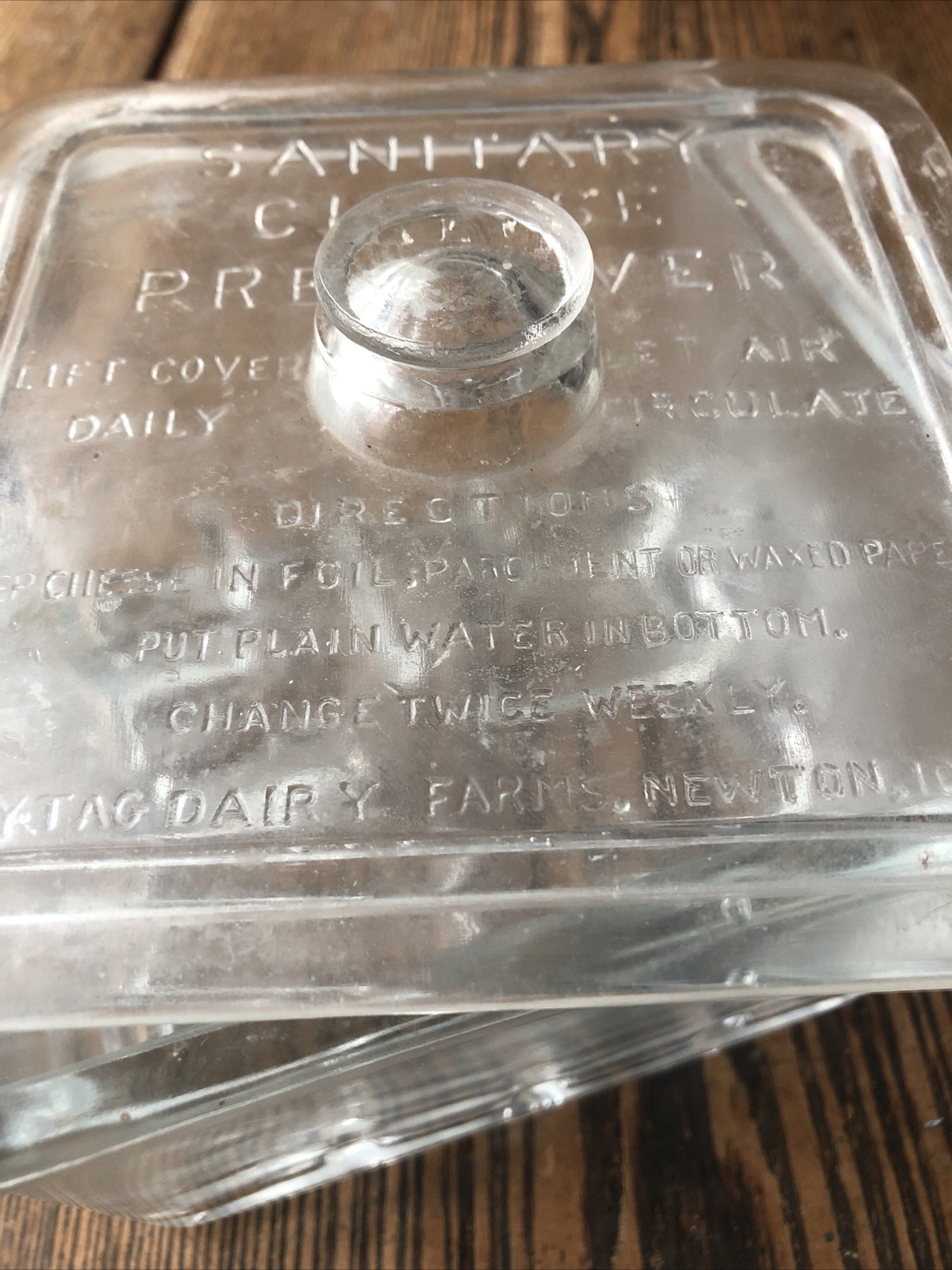 Antique Square Glass Sanitary Cheese Preserver Maytag Dairy Farms