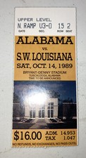 Alabama vs SW Louisiana Football game Day  ticket Stub. 1989