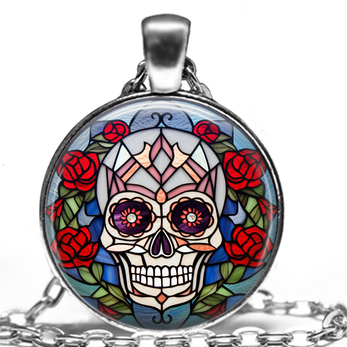 Faux Stained Glass Mexican Dia De Los Muertos Day of the Dead Skull Necklace