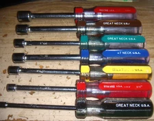 7  VTG GREAT NECK  NUT DRIVERS  HOLLOW SHAFT USA  6PT 3/16" TO 1/2" MOST ARE NEW