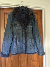 Vintage Jfw Ladies Denim Jacket Fur Collar (small 16)