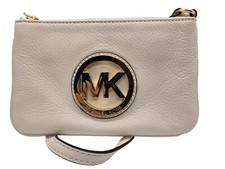 MICHAEL KORS Wristlet Ivory Leather Pouch Gold MK Signature Logo Clutch
