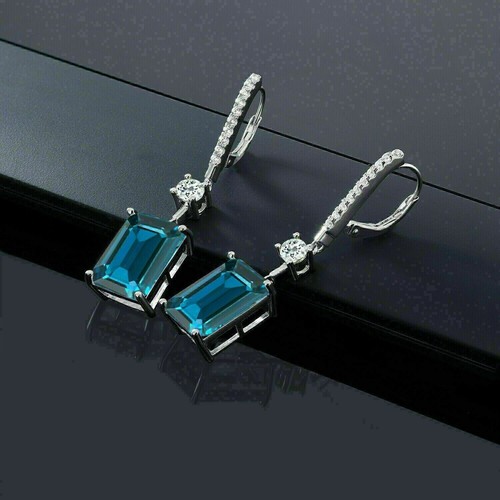 Emerald Created London Blue Topaz Dangle Earrings 14K White Gold Plated Silver
