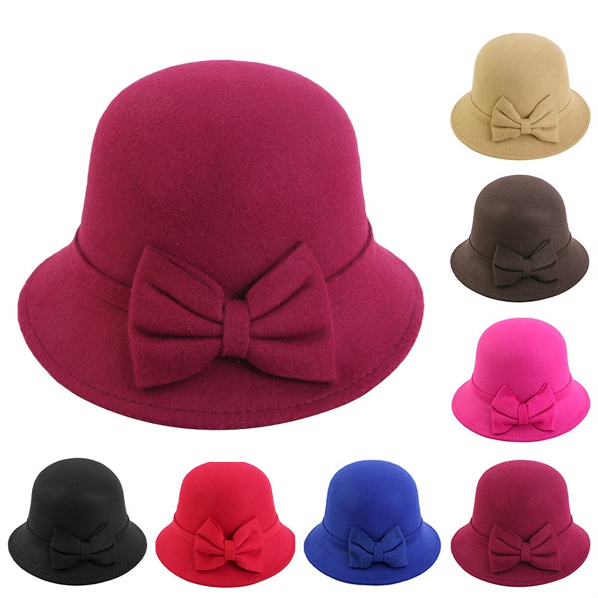 Vintage Felt Cloche Hat Elegant Bowler Bucket Cap Adjustable Winter Fall Fedora Women Vintage Winter Wool Felt Bucket Cap Retro Elegant  main image 2