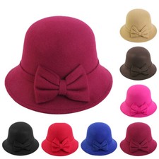 Women Vintage Winter Wool Felt Bucket Cap Retro Elegant Church Bowler Cloche Hat