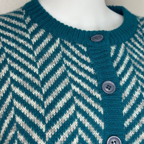 Vintage 1990s Teal Chevron Cardigan Sweater 90s Loo and Boo Batwing Sleeves - Picture 2 of 6