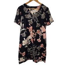 Nicole Miller Original Floral Print V Neck Black Linen Blend Dress Size S