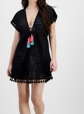 Miken Women  s Black Crochet With Colorful Tassels Swim Cover-Up Size S