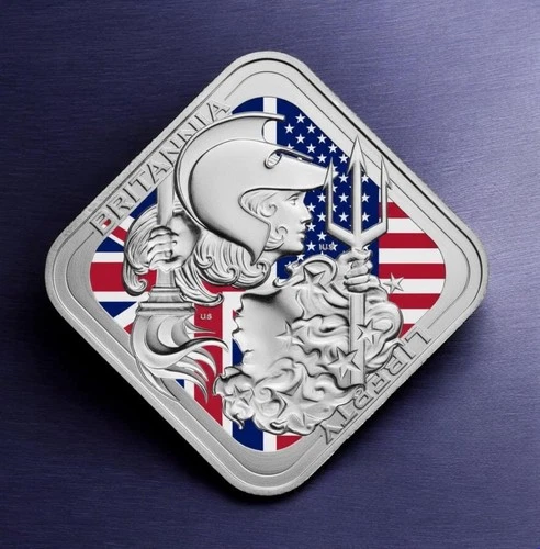 COLOR BRITANNIA AND LIBERTY - UNION JACK 1 oz .9999 Fine Silver BU Bar IN STOCK