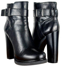 Nine West Sherbert Black Leather Ankle Boots Moto Buckle Block Heel Bootie Sz 5