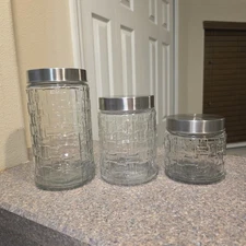 3 Amici Glass Cylinder Geometric Basket Weave Kitchen Storage Canisters Flour