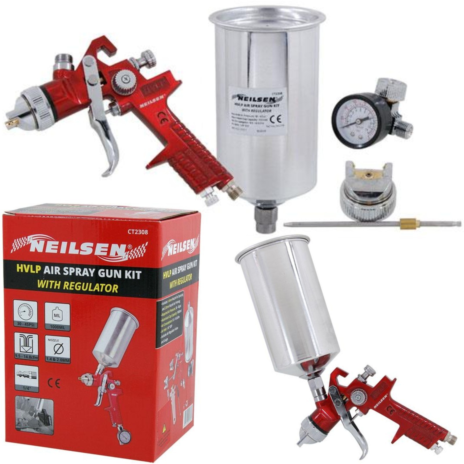 HVLP GRAVITY AIR SPRAY GUN KIT & AIR REGULATOR VALVE & GAUGE & NOZZLES SPRAYER