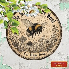 Charming Honey Bee Blossom Design Round Metal Sign Garden Plaque
