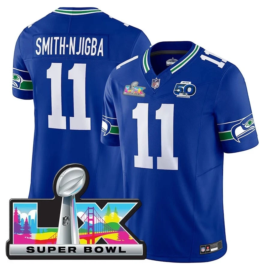 Men's Seahawks Royal 2026 Super Bowl LX Patch Season All Printed Football Jersey