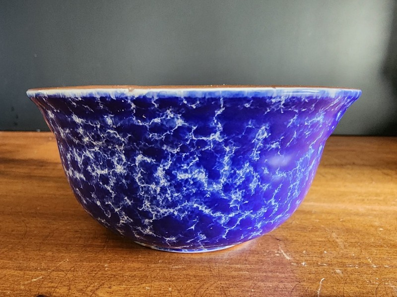 915.  Baum Brothers Spongeware Bowl, Cobalt Blue, "Style Eyes"