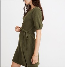 Madewell Crosshatch Puff-Sleeve Faux Wrap Mini Dress Womens Size Medium Green