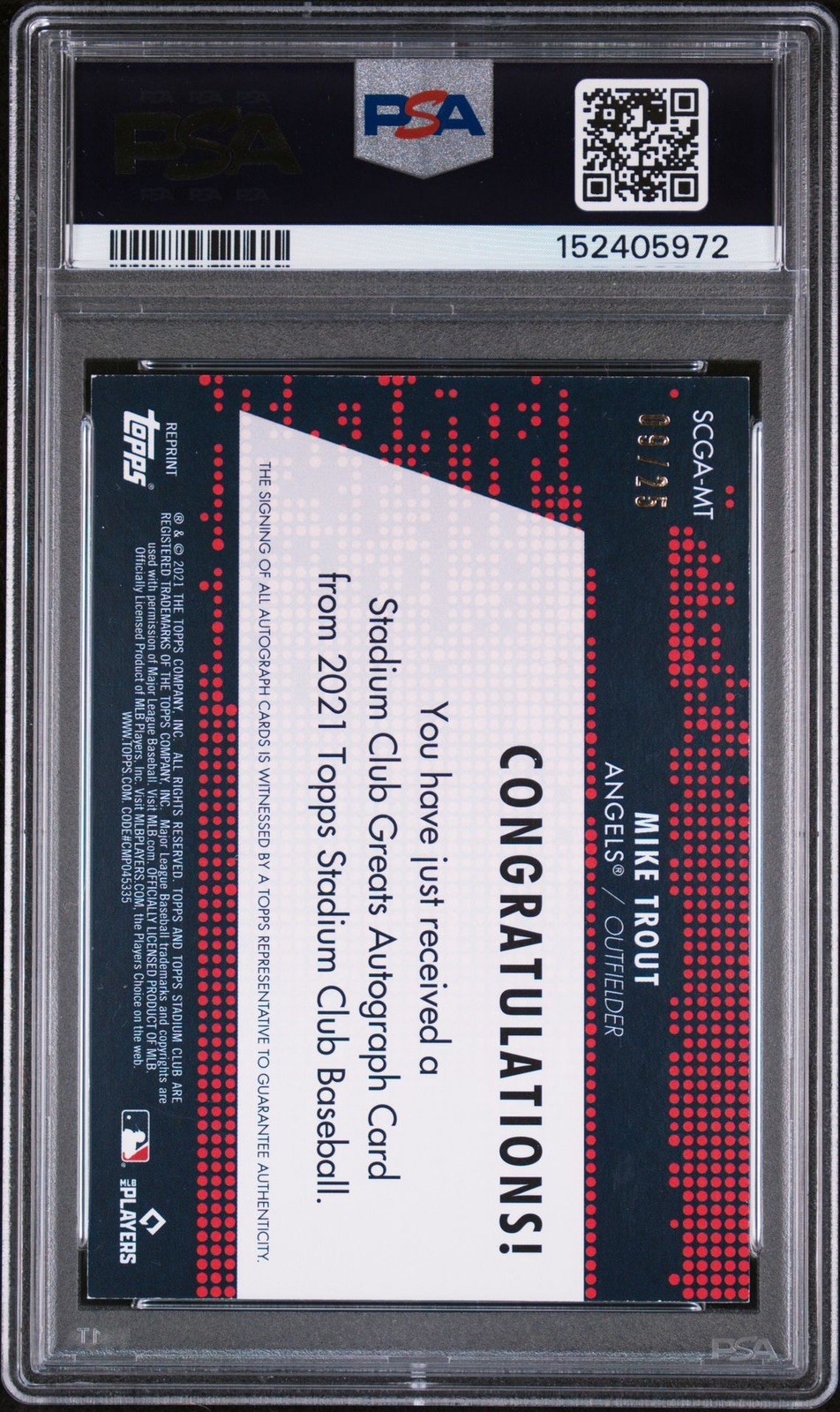 2021 Stadium Club Mike Trout Auto Stadium Club Greats /25 PSA Authentic Auto 10 view 2