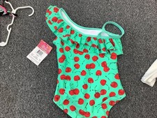 Kanu Surf Addie Sea Green Cherry Print Girls One Shoulder Swimsuit Size 8