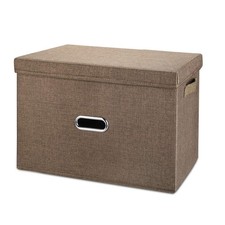 Large Linen Collapsible Storage Bins with Removable Lids and Handles, Washabl...