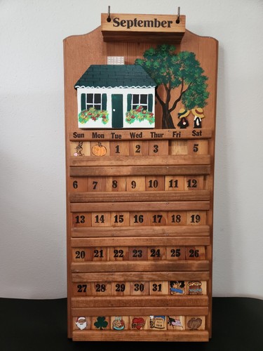 Vintage Wooden Perpetual Calendar Wall Hanging Holiday Tiles Country Granny