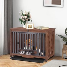Wooden Dog Crate Foldable Iron Frame with 360 Rotating Bowls