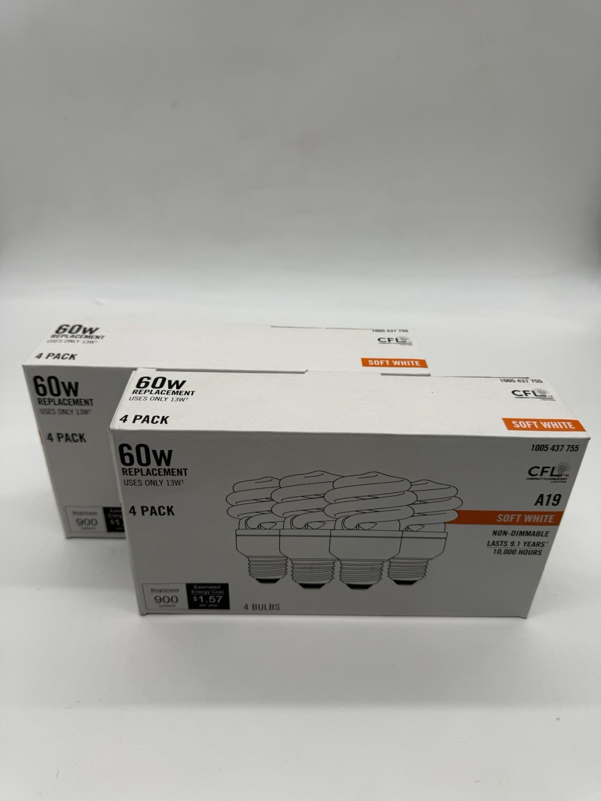 60W Eq A19 CFL Soft White 2700K E26 Non-Dimmable Pack of 2 (8 Bulbs)