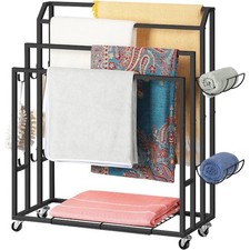 4 Tier Free Standing Towel Rack Floor Towel Stand w/Wheel Hook Storage Shelf