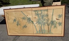 Vintage 4 Part Room Screen Hand Painted Watercolor Birds Bamboo Japan 3&rsquo; x 6&rsquo;