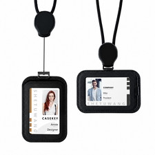 PU Leather ID Badge Holder Lanyard Retractable Reel Multiple Card Slots