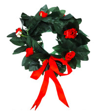Corona Laurea Alloro Finto con Rose Rosse – Ø 30 cm – Ghirlanda Decorativa