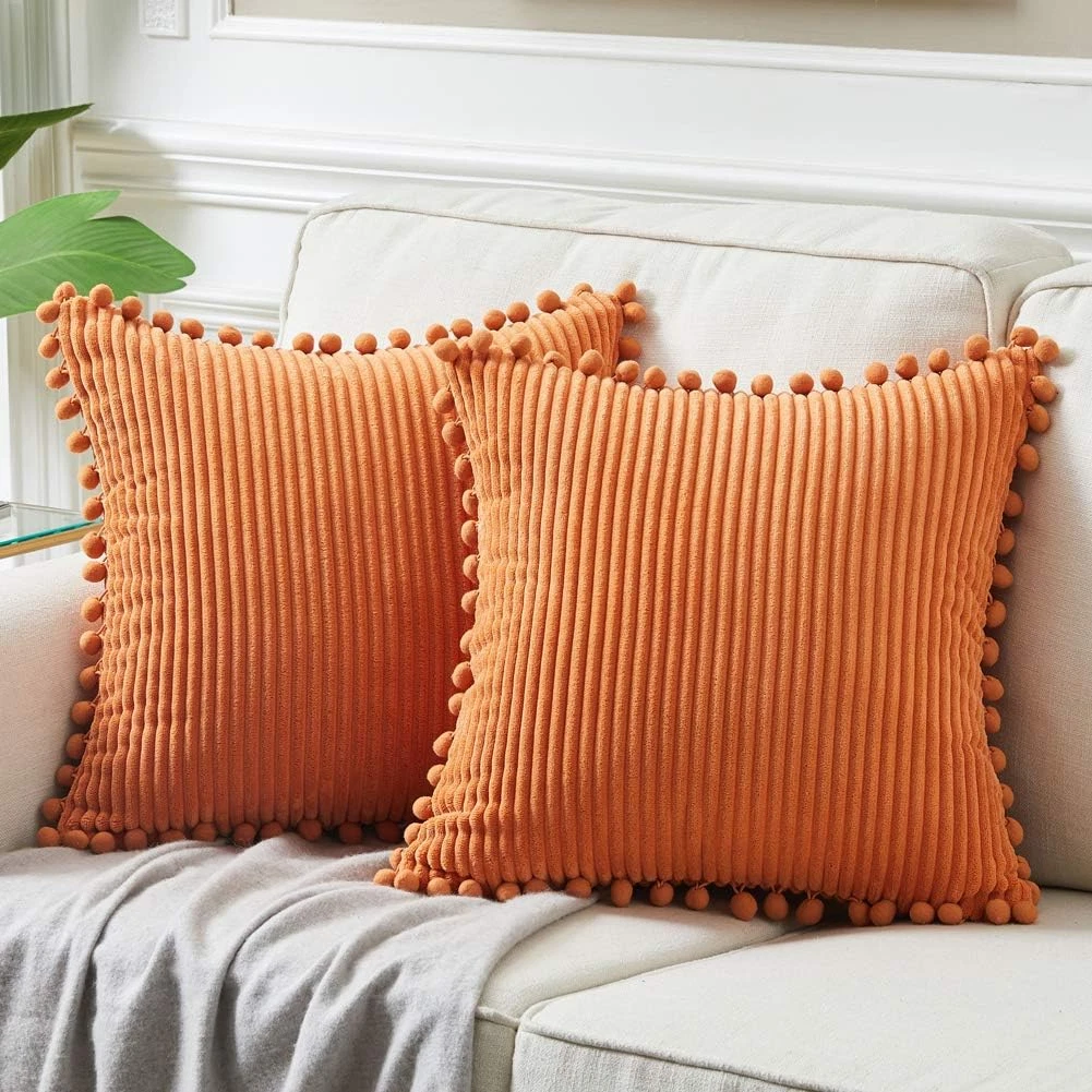 Pack of 2 Corduroy Fall Decorative Throw Pillow Covers with Pom-Poms, Solid Squa