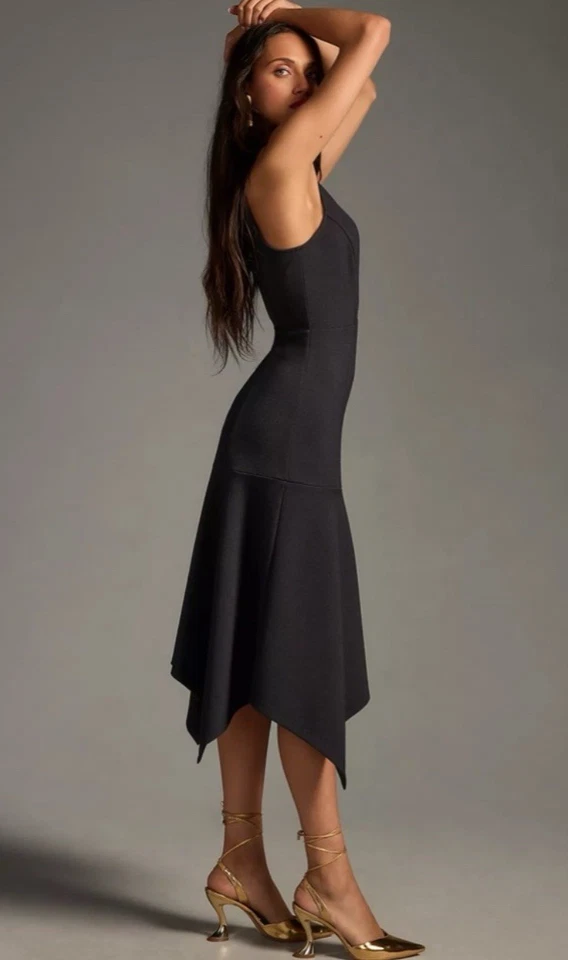 Anthropologie Size Large Mock Neck Lace Inset Fit & Flare Midi Dress Blk Flirty - Image 2 of 4