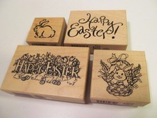 *Lot of 4 PSX Happy Easter Wood Mounted Rubber Stamps Rabbit Basket Eggs