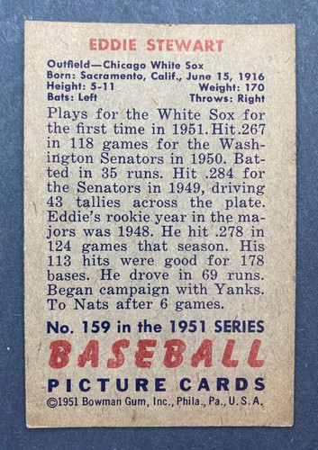 Bowman #159 1951 Eddie Stewart (Medias Blancas de Chicago) ¡centrado! - Imagen 2 de 2