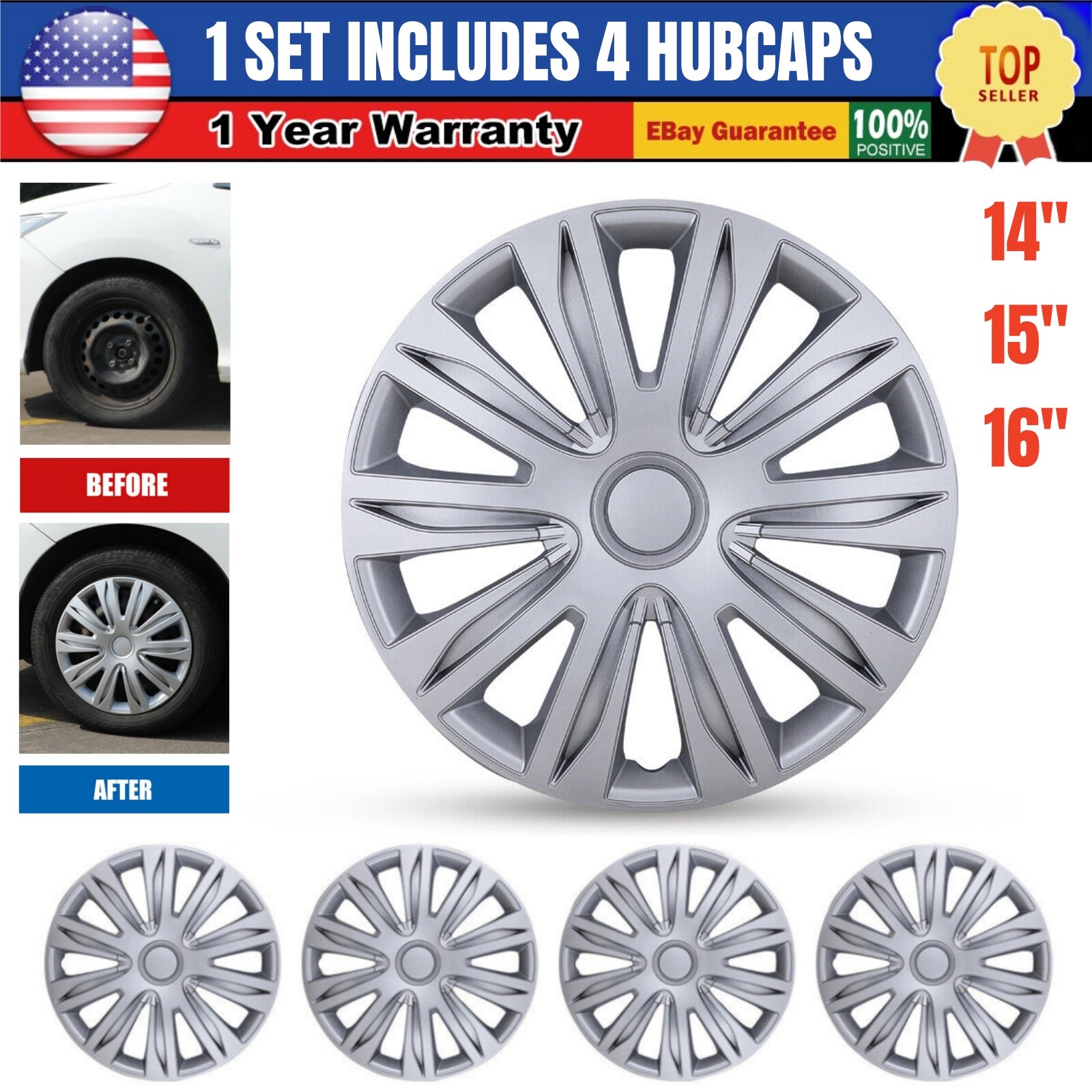 4PCS 14 15 16 Inch Silver Snap On Wheel Covers Full Hub Caps for Tires Steel Rims