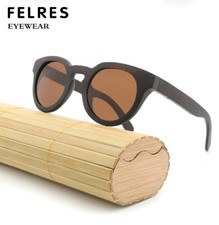 Bamboo Wood Polarized Round Sunglasses For Men Women Brown Wooden Frame Glasses