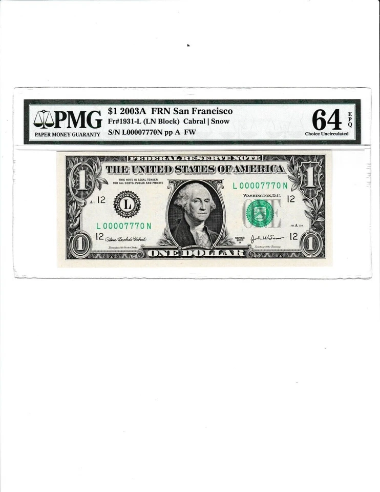 $1  ONE DOLLAR  Federal Reserve note BINARY LOW Serial Number 000007770  PMG - Image 2 of 3