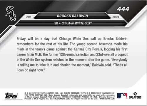 Brooks Baldwin 2024 TOPPS NOW 444 Hits In MLB Debut - Picture 2 of 2