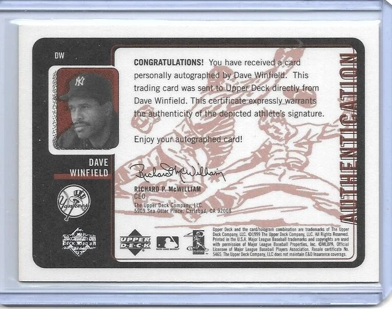 1999 UPPER DECK RETRO DAVE WINFIELD AUTO SIGNED #DW NEW YORK YANKEES - Image 2 of 2