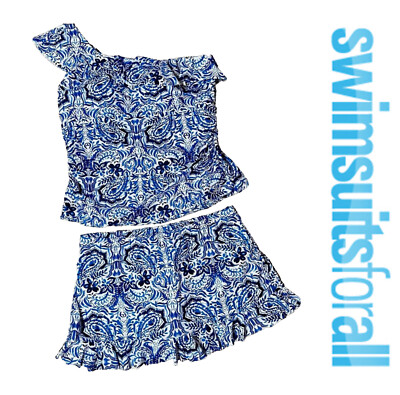 SWIMSUITS FOR ALL Blue 2 Pc One Shoulder Tankini Ruffle Swim Skirt Plus Size 22