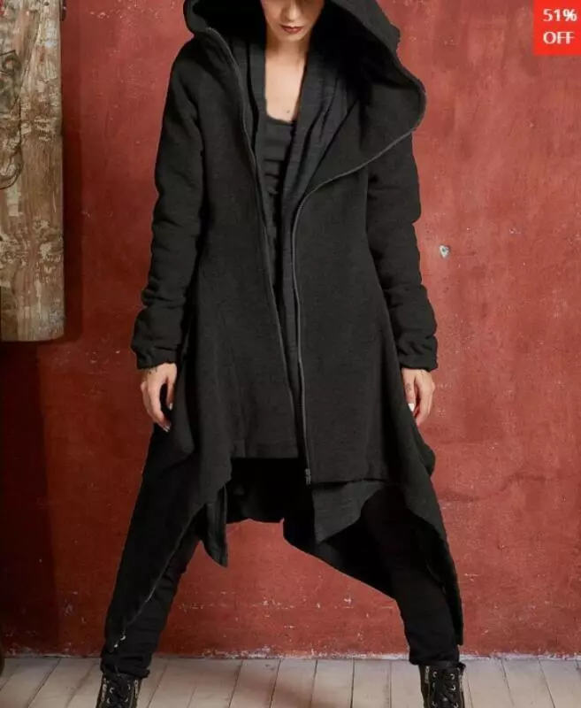 Women's Long Gothic Parka Coat Hooded Cotton Asymmetric Punk Jacket Outwear