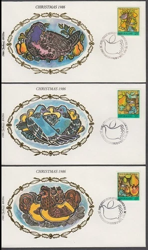 NEW ZEALAND BENHAM SILK 1986 CHRISTMAS SET (x3) FDC’s (ID:06/D60647)