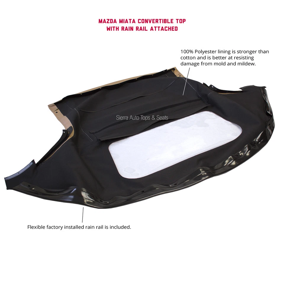 Mazda Miata 1990-05 convertible techo blando, ventana de plástico y riel de lluvia, negro Foto 2 de 4